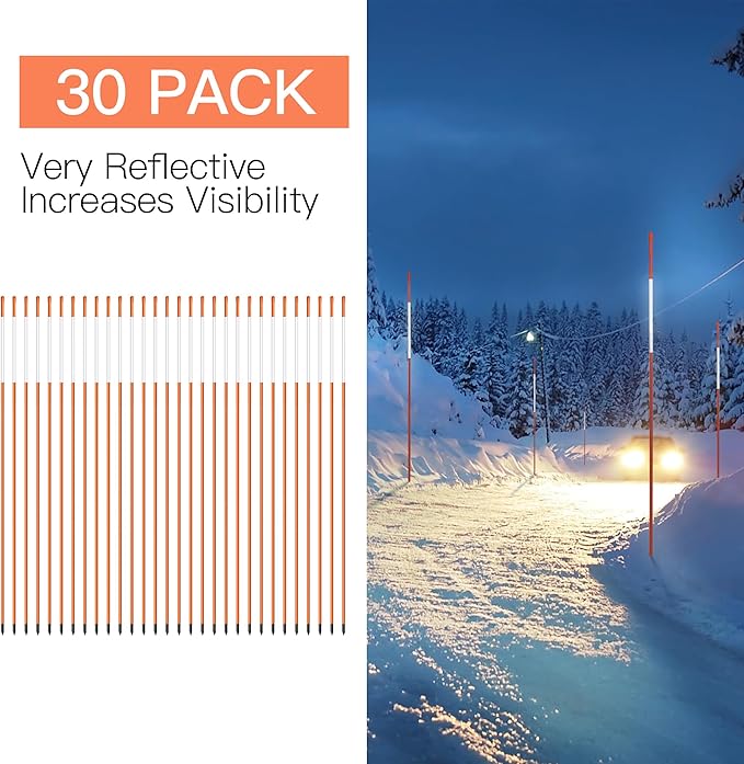 Driveway Markers 4 Feet 30pcs, 5/16 in Dia Snow Stakes with Reflective Tape, Highly Visible for Parking, Walkways, Snow Markers, 48 inch Dia Orange Fiberglass Driveway Reflectors with Steel Drill Bit