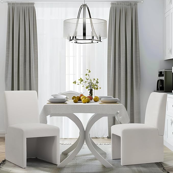 Upholstered Dining Chairs Set of 2 Modern Kitchen & Dining Room Chairs Linen Fabric Dining Chairs with Wooden Frame, White