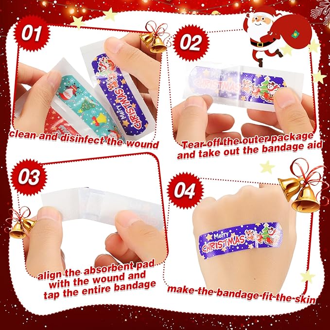 Patelai 300 Pieces Kids Bandages Bulk 10 Styles Children's Adhesive Flexible Colorful Cute Cartoon Bandages Waterproof Breathable Stickers Protection Care Cuts for Girls Boys(Santa Claus)