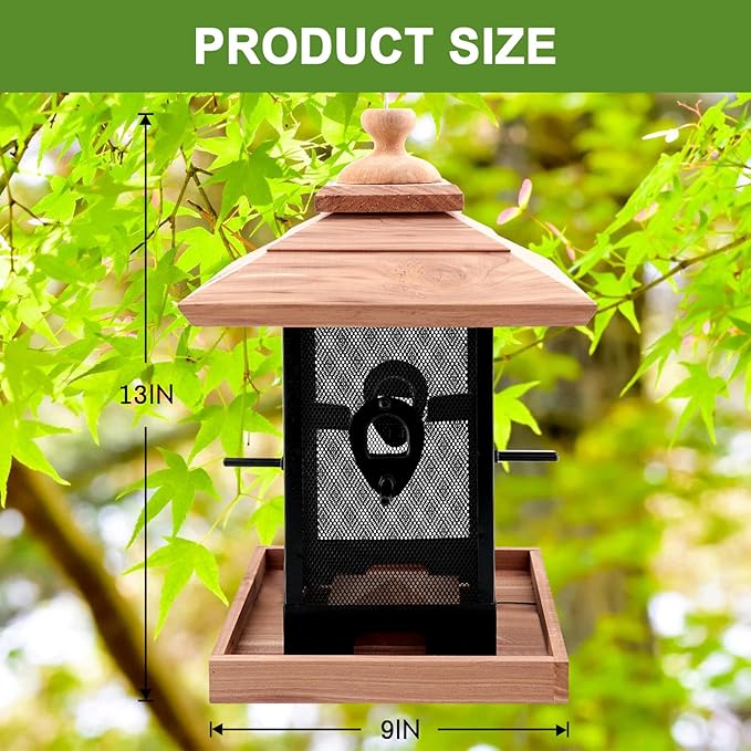 Cedar & Metal Mesh Bird Feeder for Outdoors Hanging Mount Large Capacity, Black Wooden Garden Roof Feeder Lantern Style, Cardinal Bluebird Birdfeeder with Iron Mesh Wall for Garden Decor Durable