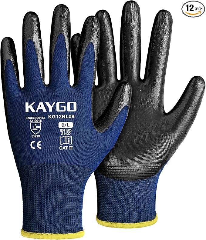 KAYGO Work Gloves Nitrile Coated, 12 Pairs KG12N，Seamless Knit, Protective Safety Work Gloves with Good Grip for General Work,Blue, L