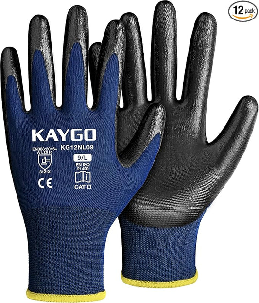 KAYGO Work Gloves Nitrile Coated, 12 Pairs KG12N，Seamless Knit, Protective Safety Work Gloves with Good Grip for General Work,Blue, L