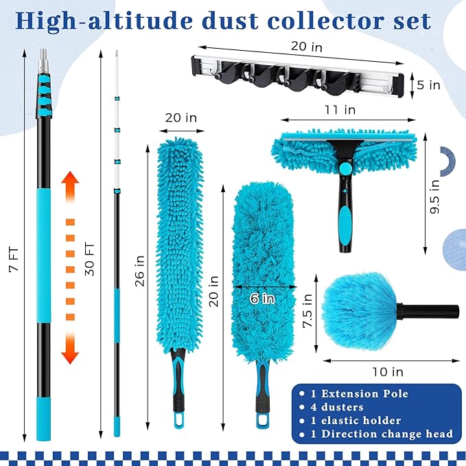 36 ft High Reach Duster Kit with 7-30 ft Extension Pole, High Ceiling Fan Cleaner Duster Tool for Fan Blades, Window Squeegee, Washable Dust Brush for Roof and Glass Surfaces