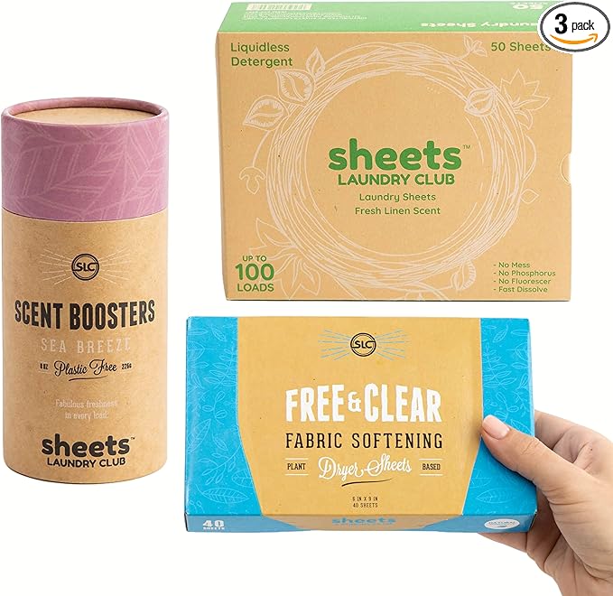 Sheets Laundry Club Bundle - 50 Pack (up to 100 loads) Fresh Linen Detergent Sheets, 40 Pack Free & Clear Dryer Sheets & 8 Oz. Sea Breeze Scent Booster - New Liquidless Technology