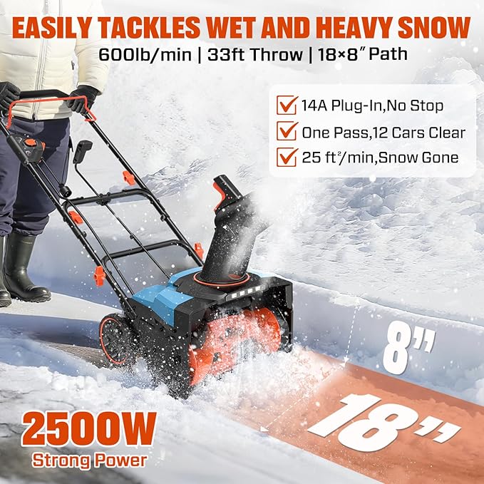 SENIX Electric Snow Blower,18 Inch Snow Thrower, Corded Snow Blower with 8-Inch Clearing Depth, 600lbs/min, 33ft Max Throw Distance, 15Amp 1700 Watt Motor, 4 LED Lights (STE14-M)
