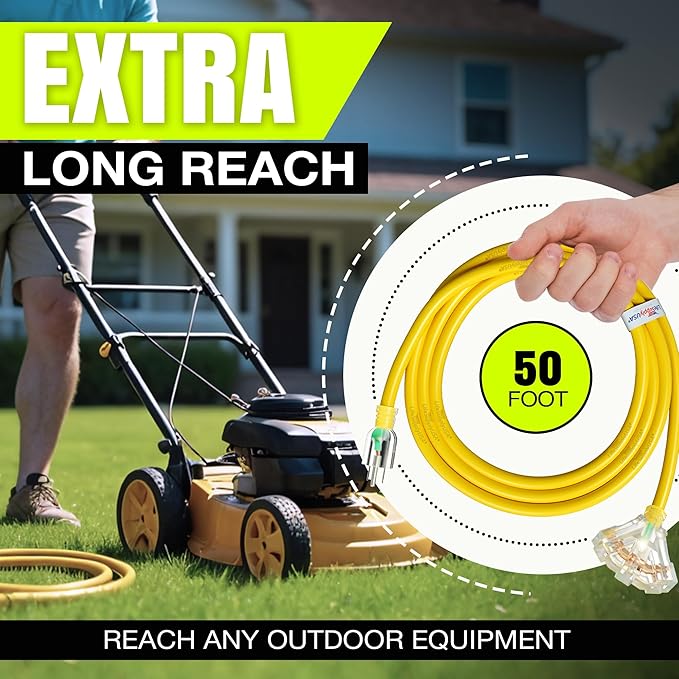50ft Outdoor/Indoor Extension Cord 3-Outlet 12/3 Gauge Extra Heavy Duty 3 Prong SJTW, Waterproof, Flexible Cold-Resistant Long Power Cord,15A 125V 1875W, Yellow by LifeSupplyUSA