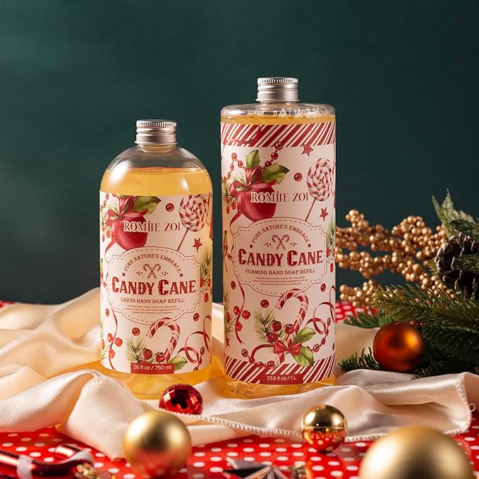 ROMIIE ZOI Christmas Liquid Hand Soap Refill- Candy Cane- Infused with Peppermint Candy Cane Aroma, Gentle & Moisturizing Formula for Home & Kitchen, 750 ML/ 26 FL OZ