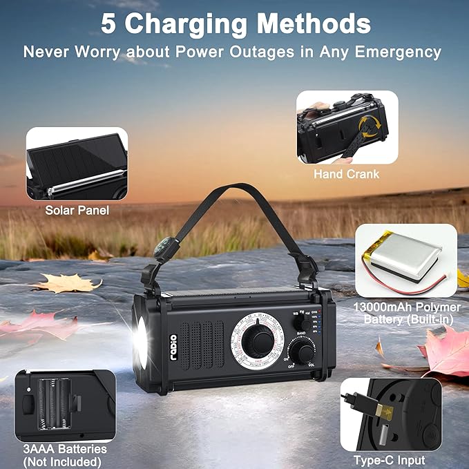 48100mWh Emergency Radio, Portable Solar Hand Crank Radio, AM FM NOAA Weather Radio, 800LM Crank Flashlight & Reading Lamp, Earphone Jack, Compass,SOS for Home Outdoor Camping Hurricane Storm Survival