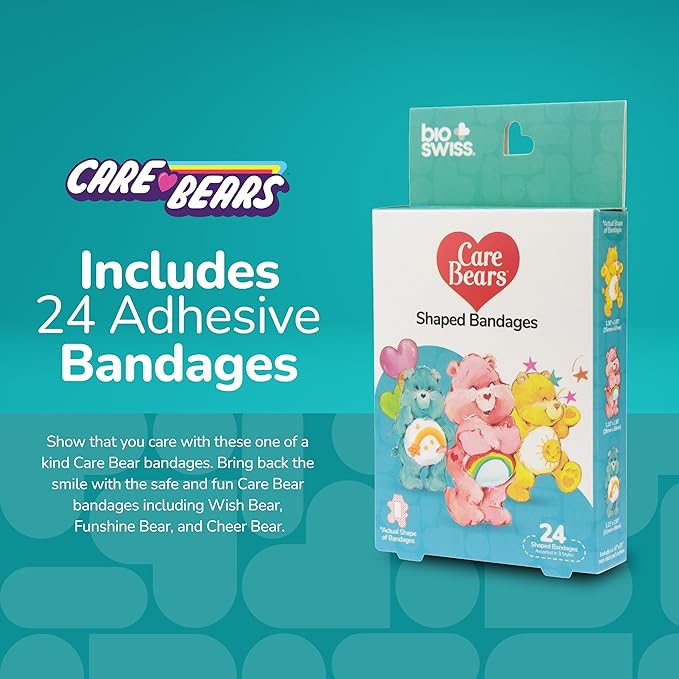BioSwiss Care Bears Kids Bandages, Classic Care Bear Shaped Self Adhesive Bandage Set, Latex Free, Sterile Wound Care, 24 Count