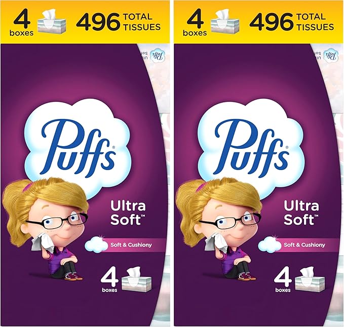 Puffs Ultra Soft Facial Tissues, 4 Family Size Boxes, 124 Facial Tissues Per Box (Pack of 2)