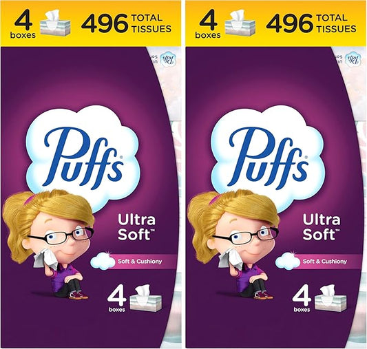 Puffs Ultra Soft Facial Tissues, 4 Family Size Boxes, 124 Facial Tissues Per Box (Pack of 2)