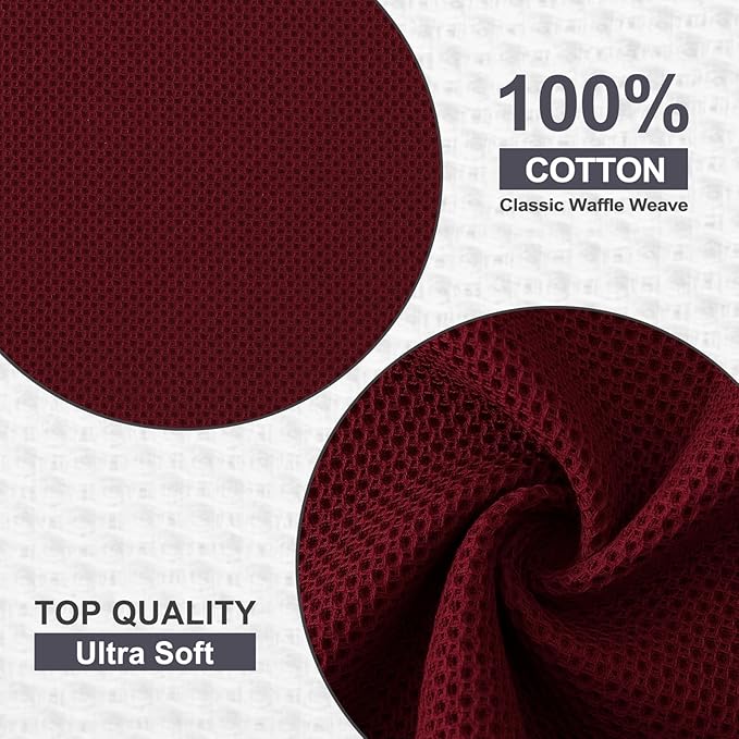 Kitinjoy 100% Cotton Kitchen Dish Cloths, 8 Pack Waffle Weave Ultra Soft Absorbent Dish Towels for Drying Dishes Quick Drying Kitchen Towels Dish Rags, 12 X 12 Inches, Burgundy