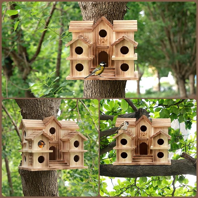 Large Bird House with 10 Holes - Handcrafted Wooden Martin House for Outdoor, Ideal for Purple Martins, Bluebirds, Finches, Cardinals, Sparrows, Chickadees