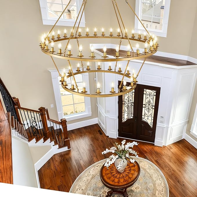 Wagon Wheel Chandelier, 2-Tier 54-Light Gold Extra Large Modern Rustic Farmhouse Chandelier Adjustable Height Light for High Ceiling Living Room, Entryways, Foyer, Dining Room
