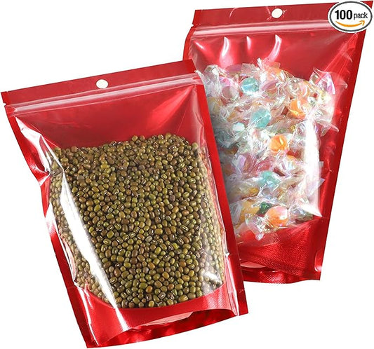 Mylar Bags for Food Storage 5.5 * 7.9, 100 PCS Clear Front Aluminum Resealable Bags for Small Business, Sealable Bag for Packaging with Guset Red