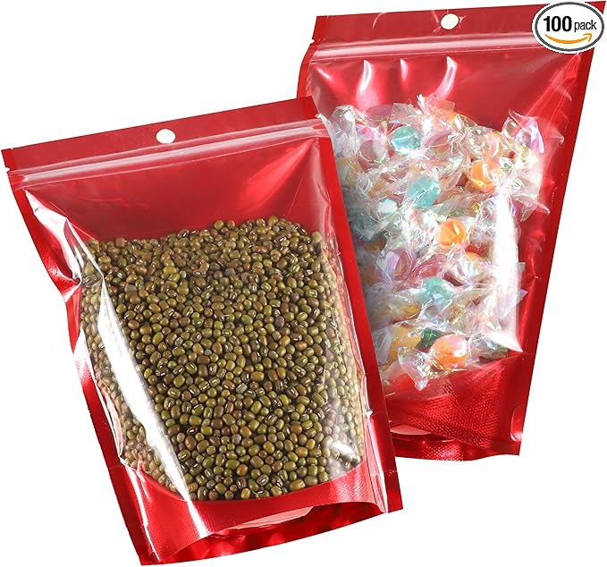 Mylar Bags for Food Storage 7.1 * 10.2, 100 PCS Clear Front Aluminum Resealable Bags for Small Business, Sealable Bag for Packaging with Guset Red