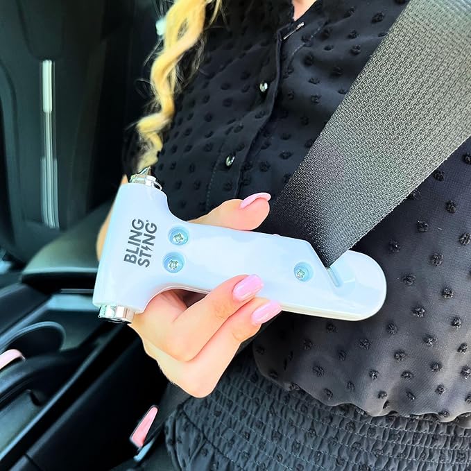 BLINGSTING Safety Hammer - Emergency Automotive Escape Tool with Window Breaker, Seat Belt Cutter & Adjustable Car Visor Strap - Tempered Glass Breaker - Steel Blade - White (1 Count)