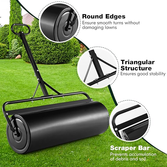 Goplus Lawn Roller, Push/Tow Behind Lawn Roller, 30 Gallon/113L Water Sand Filled Sod Roller Drum Roller with Detachable Gripping Handle, Yard Roller Pull Behind a Tractor for Garden Yard Park Farm