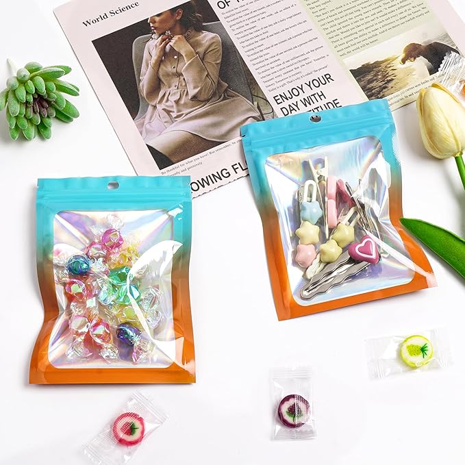 Funfery 300 Pack Smell Proof Resealable Bags for Food Storage,Holographic Bags 4x6 Blue Orange Mylar Clear Packaging Bag- Scent Proof for Cookies, Zip Foil Pouch for Small Business