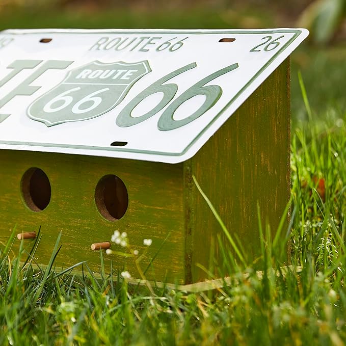 Glitzhome 14”L Wood Hanging Birdhouse for Outdoors, Licence Plate Route 66 Welcome Painted Bird House, Rustic Bird House for Bluebird Wren Sparrow, Bird Nest Box for Garden Patio, Washed Green