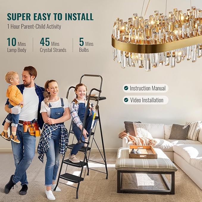Siljoy Modern Crystal Chandelier 16 Lights Rectangular Gold 2-Tiers Raindrop Crystal Chandelier Oval Adjustable Hanging Pendant Ceiling Light Fixture for Dining Living Room Kitchen Island 35.4 Inch