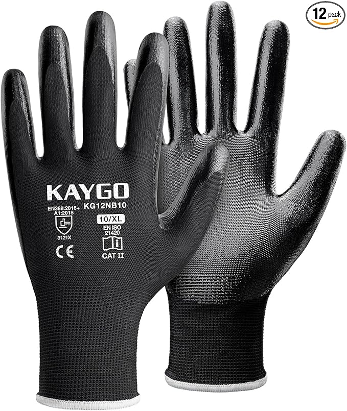 KAYGO Work Gloves Nitrile Coated, 12 Pairs KG12N，Seamless Knit, Protective Safety Work Gloves with Good Grip for General Work,Black,XL