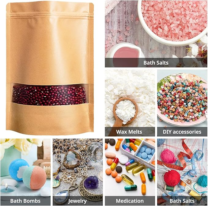 50PCS 10"X14" Kraft Paper Bags with Window,Resealable Small Stand Up Pouches for Food Storage,Reusable Zipper Lock Packaging Bags for Small Business&Personal,Candy,Cookie,Snacks,Tea,Coffee