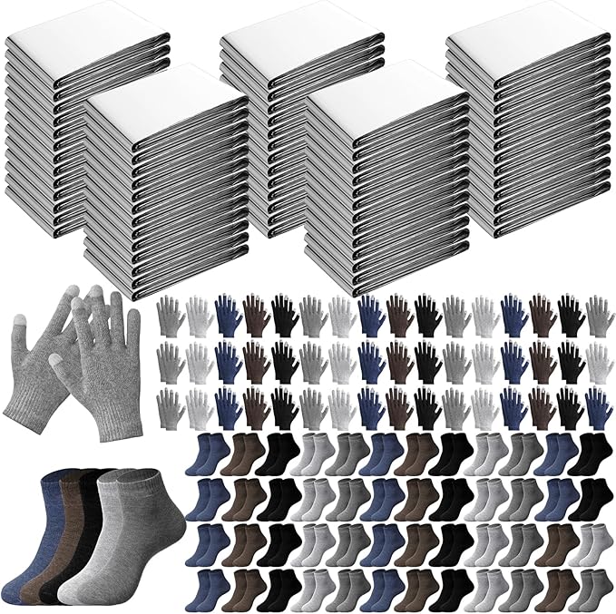 150 Pcs Winter Emergency Warm Set Includes Thermal Blankets Touchscreen Gloves Thick Socks Bulk Homeless Care Kit for Cold Weather Outdoor Survival Supplies Outdoor Aid(5 Colors)