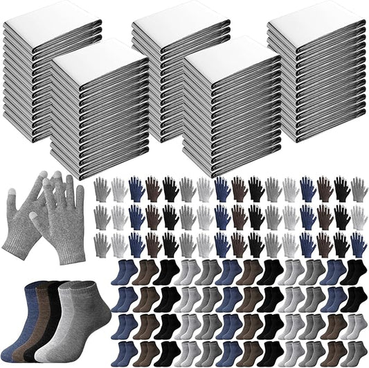 150 Pcs Winter Emergency Warm Set Includes Thermal Blankets Touchscreen Gloves Thick Socks Bulk Homeless Care Kit for Cold Weather Outdoor Survival Supplies Outdoor Aid(5 Colors)
