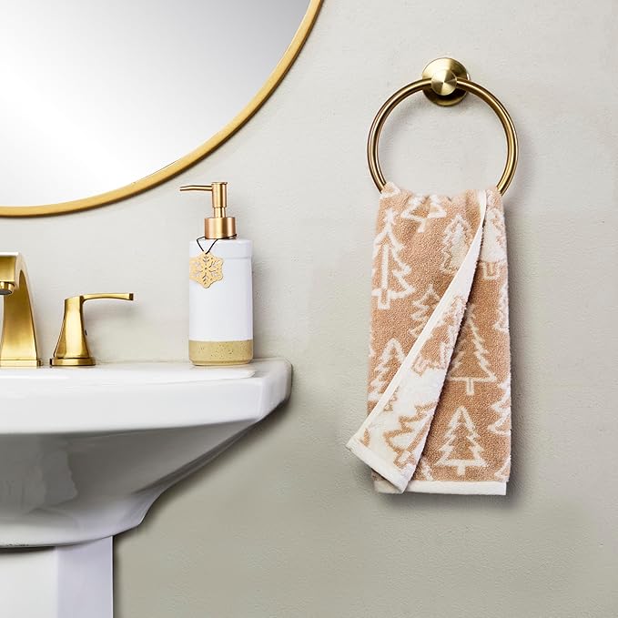 SKL Home Christmas/Winter Mod Tree 100% Cotton Premium 2-Piece Hand Towel Set, 450 GSM, Reversible Jacquard, Soft & Absorbent, Decorative for Bath/Kitchen/Bar, Tan