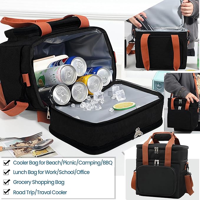 16 litres Insulated Lunch Bag for Men & Women, 2 Deck Lunch Box with Leak-Proof, Insulated Cooler Bag, Reusable Lunch Tote, with Adjustable Shoulder Strap for Office Picnic Hiking Beach