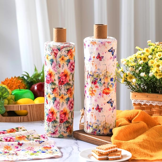 Redbaker 50 Pcs Reusable Paper Towels Paperless Reusable Cotton Cloths Toilet Absorbent Washable Paper Towels with Roll Kitchen Dishcloth for Kitchen Paperless Dishcloths(Retro Flower)