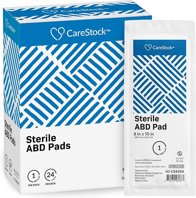 CareStock Abdominal Pad - Highly Absorbent Nonwoven Cellulose ABD Pads, Wound Care First Aid - Individually Packed, Sterile - 8 in. x 10 in., 24 Count, 1 Pack†, White
