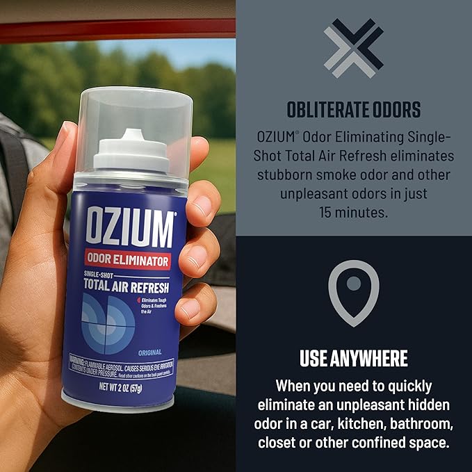 Ozium Air Sanitizer, 2 oz Car Fogger: Single-Shot Smoke Odor Eliminator & Car Air Freshener (New Car Smell, 4 Packs)