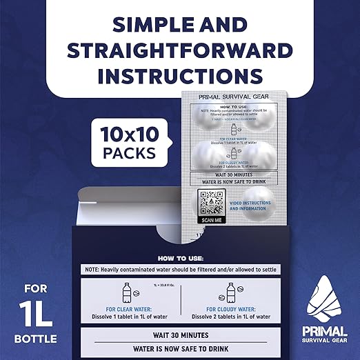Water Purifier Tablets –Water Purification Tablets for Emergency Water - Hiking, Camping, Survival, Emergency – Drinking Water Filtration System Survival Tabs - Purificador De Agua - 1L - 100 Tablets