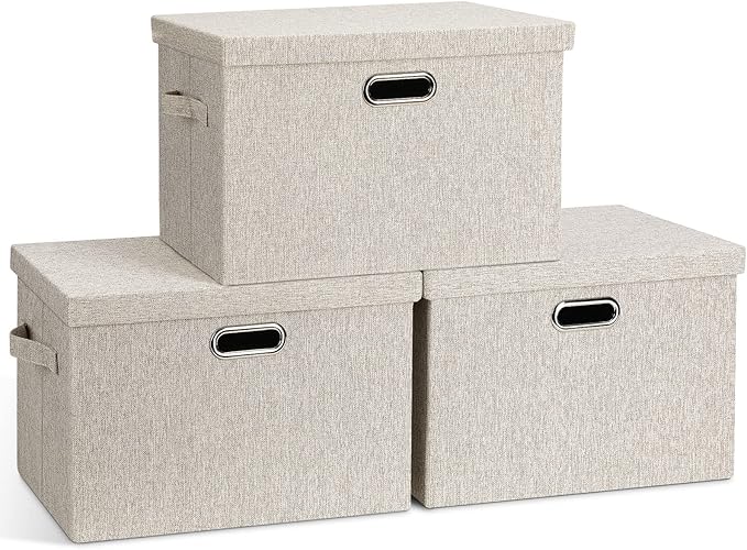 Large Quart Collapsible Stackable Storage Bins with Lids, 3 Packs Beige Linen Fabric Closet Boxes with Lids, Storage Cube Baskets Container Organizers for Bedroom Office(16.6 x 11.7 x 10.8)