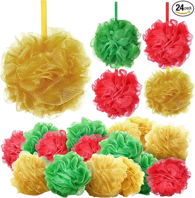 24 Pcs Christmas Bath Loofah Sponge Red Green Loofah Exfoliating Body Scrubber Shower Sponge 50g Mesh Shower Pouf Balls Gift Set for Women Men Christmas Bathing Accessories(Red,Green,Gold)