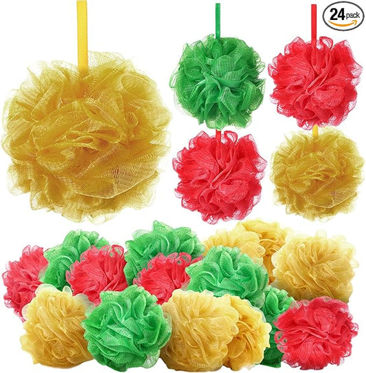 24 Pcs Christmas Bath Loofah Sponge Red Green Loofah Exfoliating Body Scrubber Shower Sponge 50g Mesh Shower Pouf Balls Gift Set for Women Men Christmas Bathing Accessories(Red,Green,Gold)