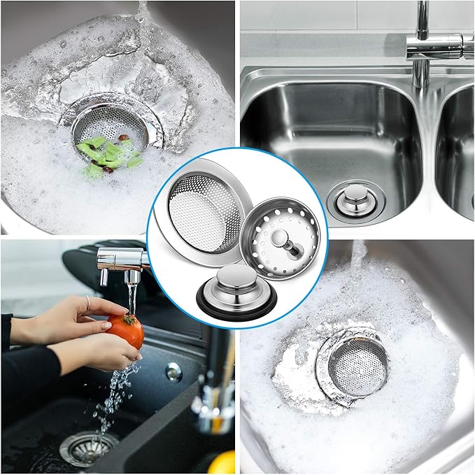 Mudder 3 Pcs Kitchen Sink Drain Strainer and Stopper Stainless Steel Garbage Disposal Plug with Handle Universal Anti-Clogging Kitchen Sink Filter Sieve Basket Strainer (Silver)