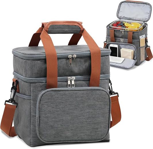 16 litres Insulated Lunch Bag for Men & Women, 2 Deck Lunch Box with Leak-Proof, Insulated Cooler Bag, Reusable Lunch Tote, with Adjustable Shoulder Strap for Office Picnic Hiking Beach