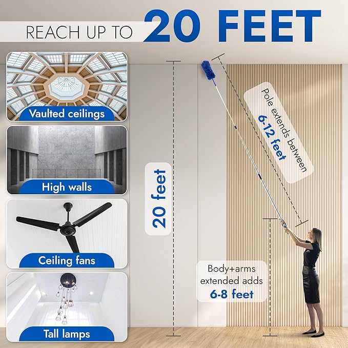 Webster Cobweb Duster and Spider Web Kit, Reach High Ceilings 18 To 20 Foot With Extension Pole and 3 Multi Use Heads
