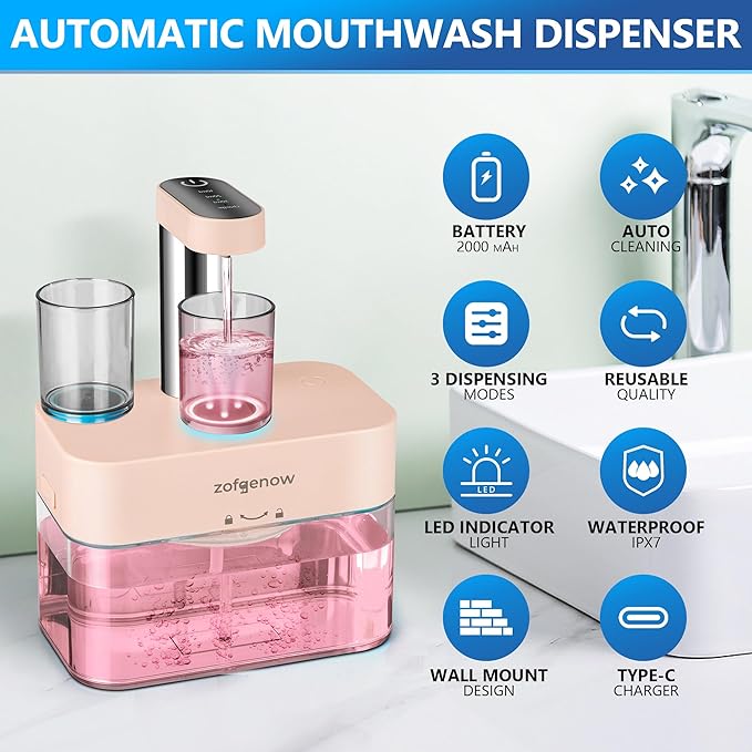 Upgraded Automatic Mouthwash Dispenser for Bathroom,Bathroom Accessories 17.6 FlOz Dispensers with Magnetic Cups,Adjustable Dispensing Levels, Pink