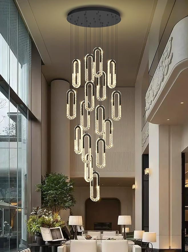 H138 Large Chandelier for High Ceiling,Modern 16-Rings Crystal Chandeliers for Entryway,Black Pendant Light for Living Room,Foyer,Entryway LED Dimmable Staircase Chandelier