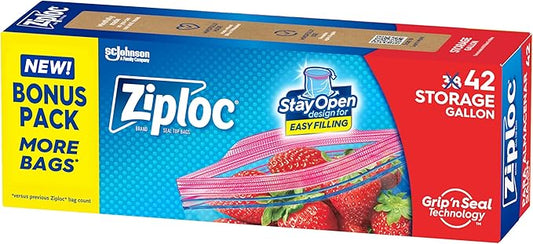 Ziploc Gallon Food Storage Bags, Stay Open Design with Stand-Up Bottom, Easy to Fill, 42 Count