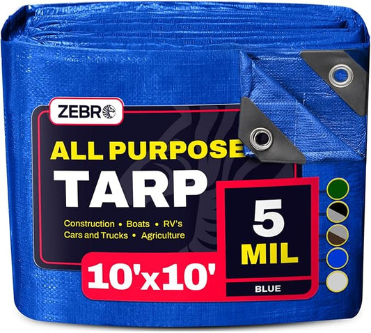 10' x 10' Blue Tarp with Grommets Reinforced - 5 Mil Thick - Durable UV Resistant Plastic Tarps Waterproof - Large Tarpaulin Cover for Outdoor Camping Over/Under Tent Tarp RV Roof Rain - Zebro