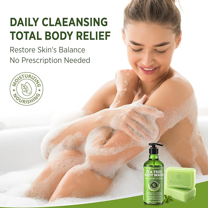 Roycederm Tea Tree Antifungal Body Wash & Soap: Bundle for Body Odor, Back Acne, Folliculitis, Tinea Versicolor, Jock Itch, Athlete’s Foot, and Ringworm - Cleansing with tea tree oil for Men & Women