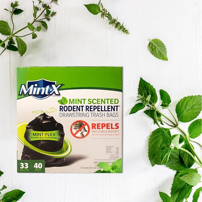 Mint-X Rodent Repellent Trash Bags, 1.3 Mil, Flat Seal, 46" Height x 33" Length, Black (Pack of 100) - MX3346XHB