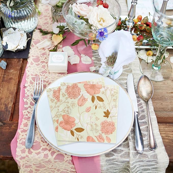 LASLU 100 Floral Guest Napkins Pink and Green Toile Disposable Paper Napkins Decorative Flower Bathroom Hand Towels for Bridal Baby Shower Tea Party Birthday Party Supplies