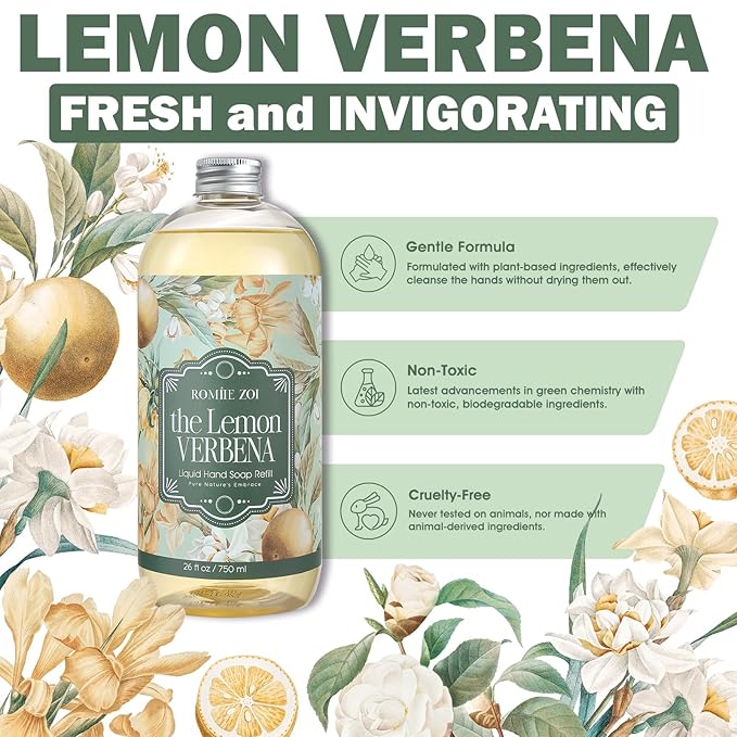 ROMIIE ZOI Liquid Hand Soap Refill Gift Set-3 Pack, Cruelty-Free and Biodegradable Formula, Moisturizing Hand Wash with Essential Oil for Sensitive Skin, Lemon Verbena Scent,(26Fl Oz x 3)