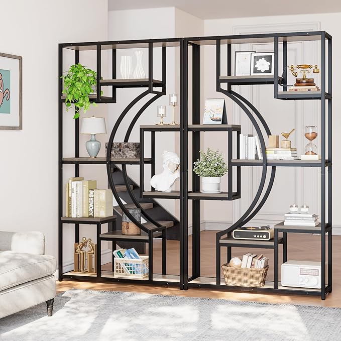 70.8" Tall Bookshelf Set of 2, 79" Wide Geometric Display Shelf with 18 Open Storage Shelves, Scratch-Resistant Gray Wash & Metal Frame, for Living Room, Office, Bedroom – Anti-Tip & Adjustable Feet